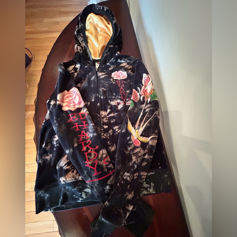 Vintage Ed Hardy Velour Hoodie with Rose, Bird & Skull Motif Made in USA 🇺🇸